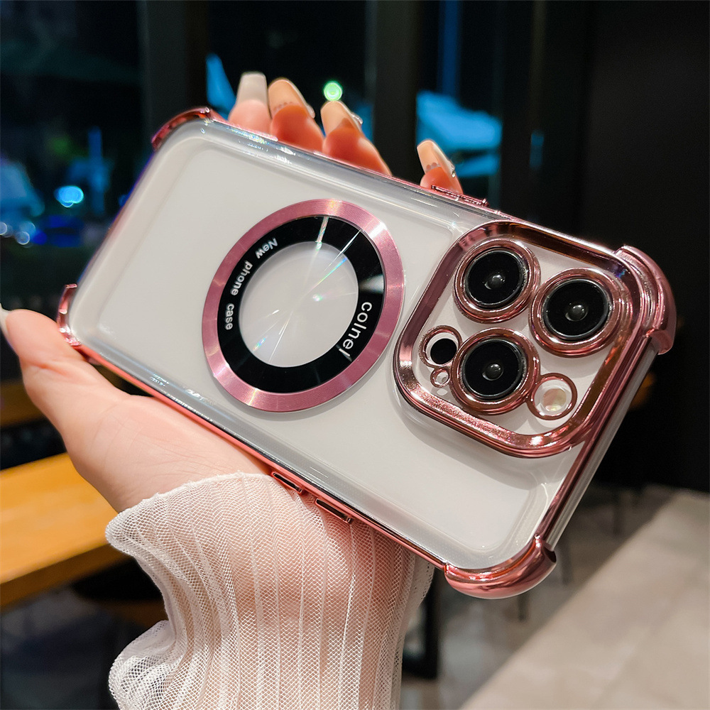 Funda con airbag anticaídas en las cuatro esquinas y galvanizada para iPhone 15, funda protectora transparente completamente envuelta para iPhone 16 y 17 con diseño de orificios preciso.
