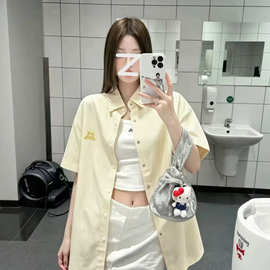 2026夏季美式衬衣复古刺绣小狗黄色条纹短袖衬衫女宽松休闲上衣女