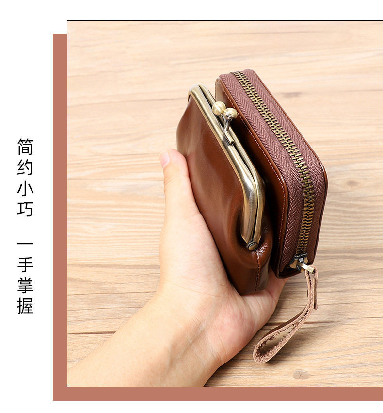 Ví nữ da bò thật cổ điển dạng gấp đựng tiền xu thẻ 11×6×8 cm — Màu đen, Đỏ hoa hồng chi tiết 8