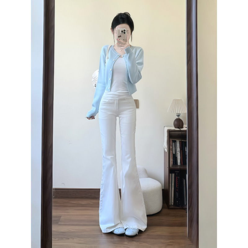 Autumn Outfit Set Casual Korean Style Knit Cardigan Camisole Top Flared Jeans Three-Piece Trendy Set