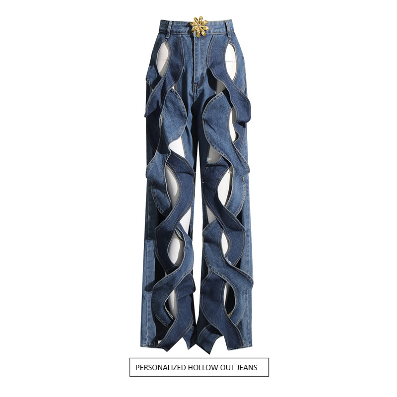 Pantalones de pierna ancha retorcidos personalizados para mujeres 2024 principios de primavera nueva cintura alta recta suelta adelgazamiento diseño pantalones vaqueros
