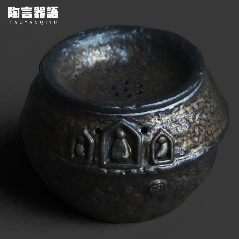 复古窑变黑金隐士建水茶桶敦煌石窟隐士茶道配件茶渣桶水盂蓄水缸