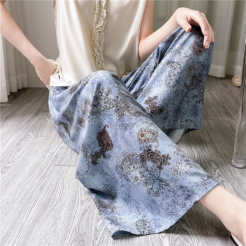Pantalones de pijama de seda de algodón para mujer Pantalones de pierna ancha casuales impresos de dibujos animados delgados de verano las mujeres embarazadas pueden usar pantalones de comercio exterior pantalones de una sola capa