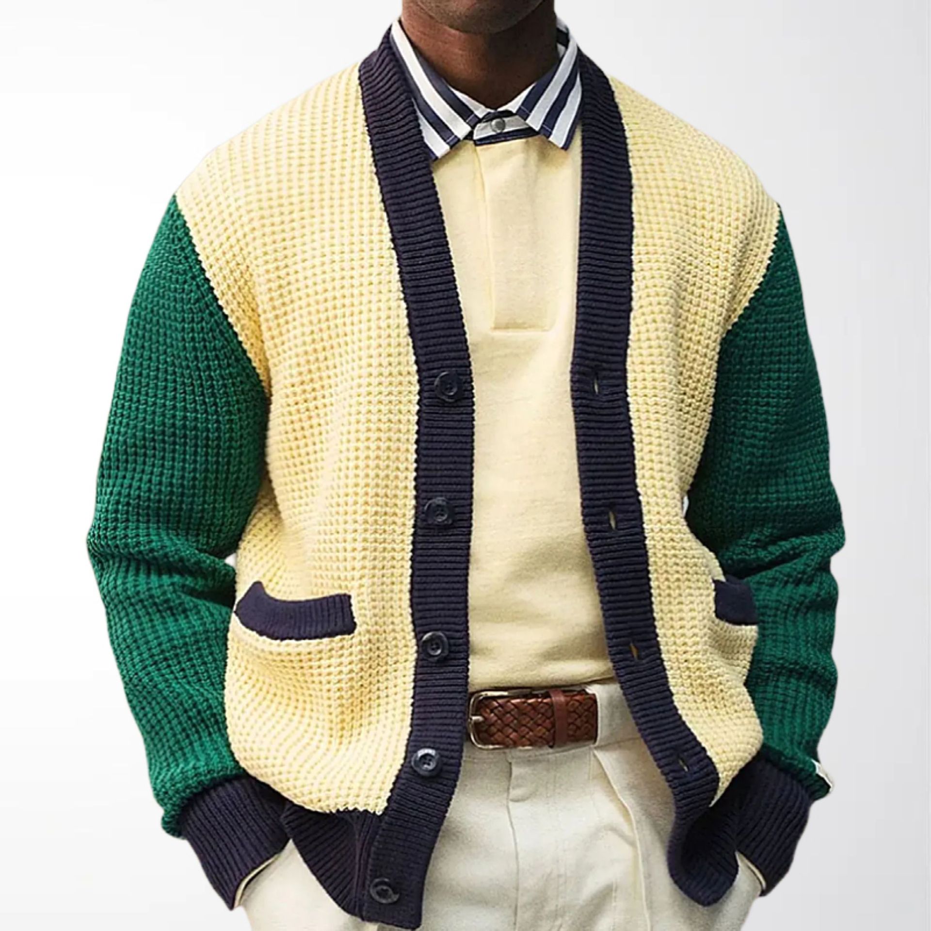 College Style Knitted Cardigan for Men, Autumn and Winter Color-Blocked Waffle V-Neck Sweater Jacket, in Stock Men's Clothing Sy0193