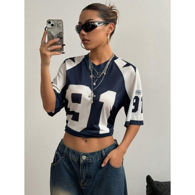 Cross-Border Tk Aliexpress American Sexy Sports Style Print Contrasting Mesh Short-Sleeved T-Shirt Jersey Y2K Loose Top