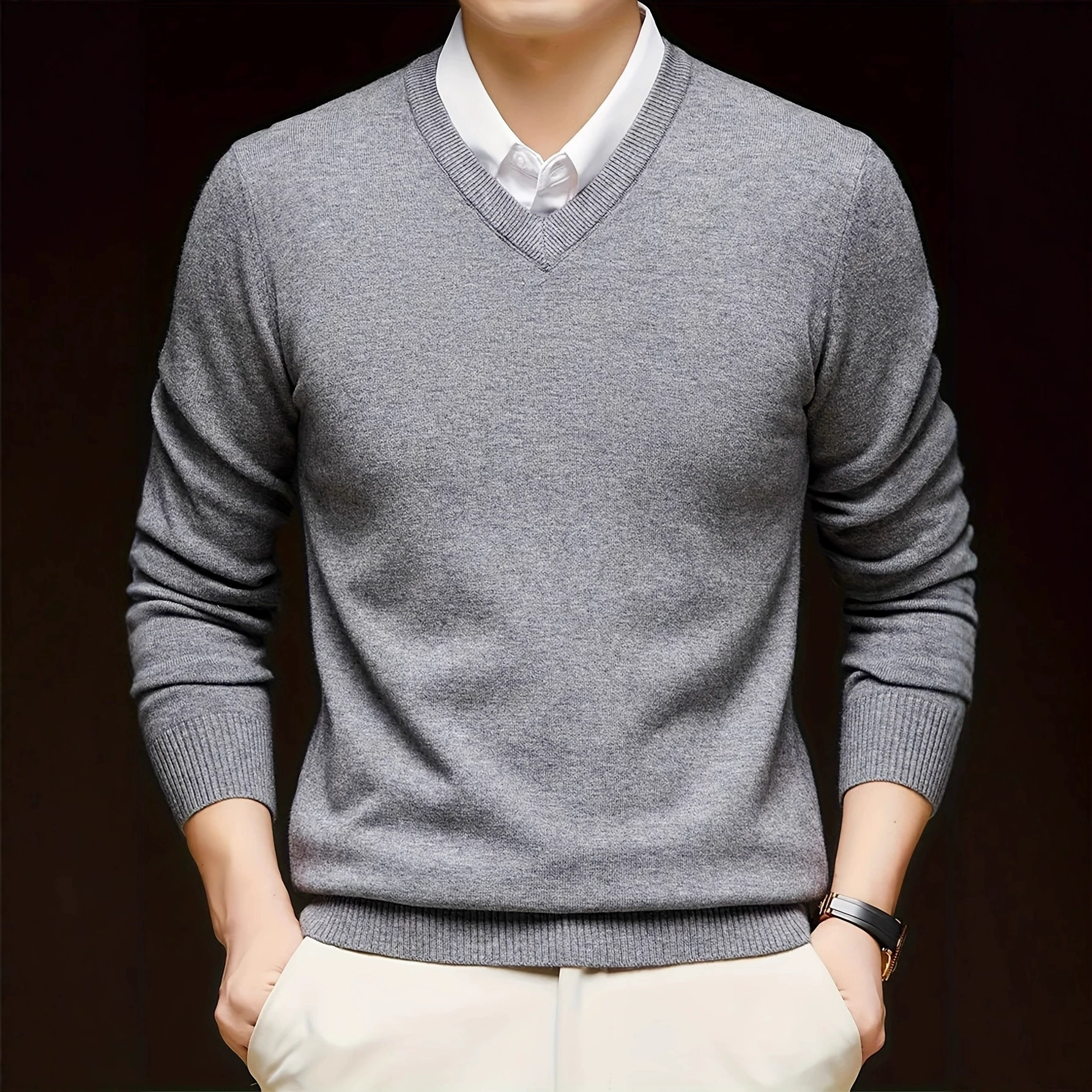 2025 новый мужской свитер с длинным рукавом из смесового вискозного полотна с V-образным вырезом для дропшиппинга (кросс-бордер)