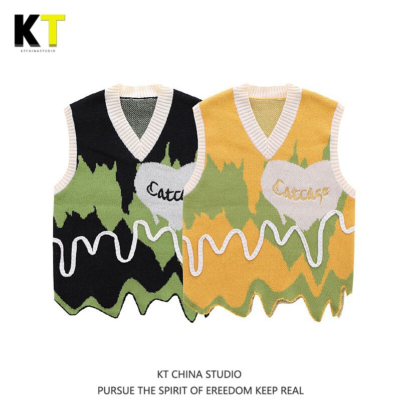 American Style Trendy Brand Love V-neck Sweater Vest for Men and Women Spring and Autumn New Irregular Niche Design Knitted Vest