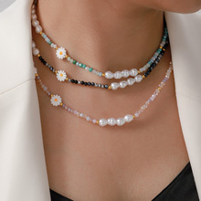 韩国网红新款小众设计感贝珠水晶串珠撞色项链女小雏菊钢珠