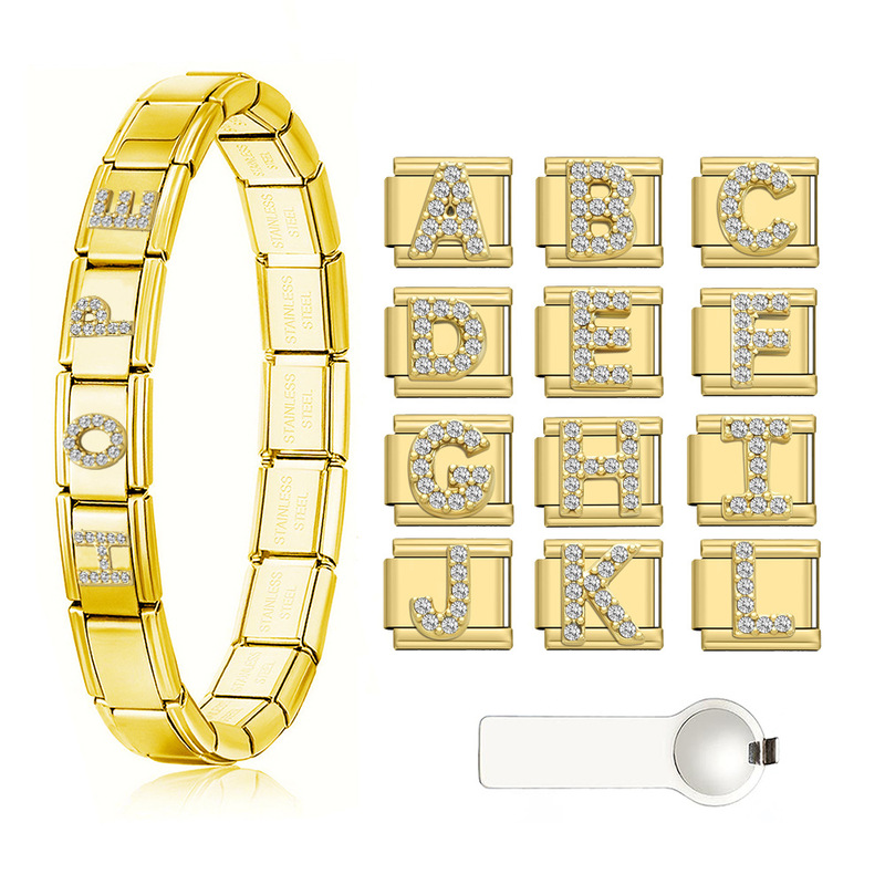 New Stainless Steel Italian Modular Bracelet DIY with Micro-Inlaid Diamonds and 26 Gold Letters, Freely Combinable and Customizable New Stainless Steel Italian Modular Bracelet DIY with Micro-Inlaid Diamonds and 26 Gold Letters, Freely Combinable and Customizable