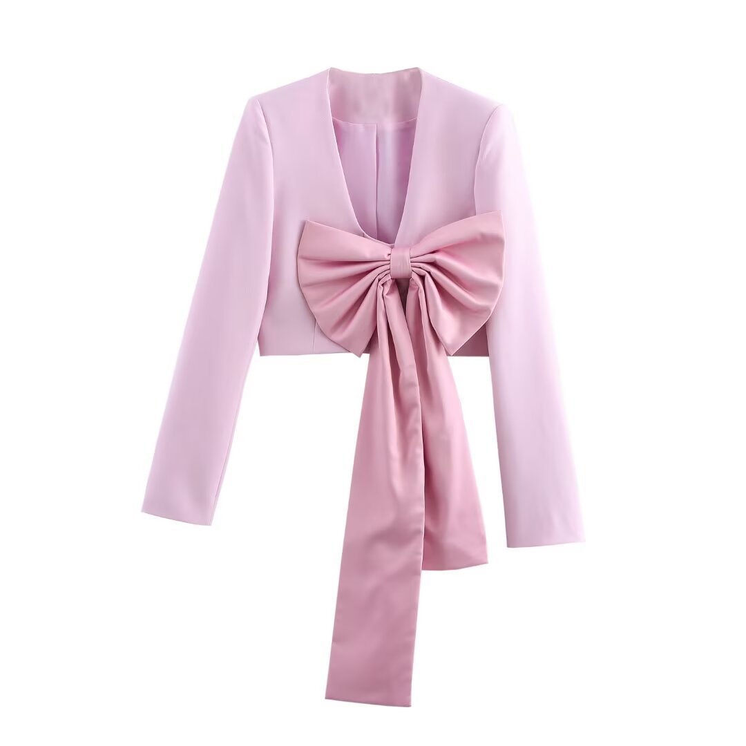 Women's clothing 2024 autumn new design sense short bow tie suit top_voghion.com