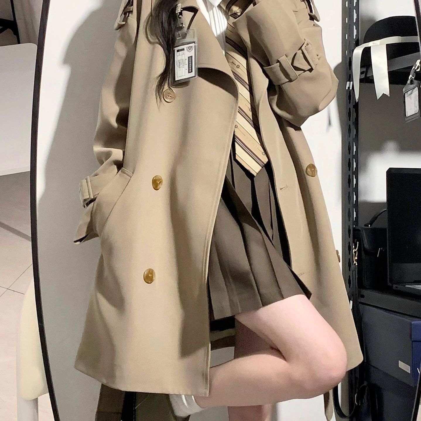 Trendy Mid-Length Trench Coat for Petite Women 2025 New Korean Style College Chic British Style Spring and Autumn Jacket
