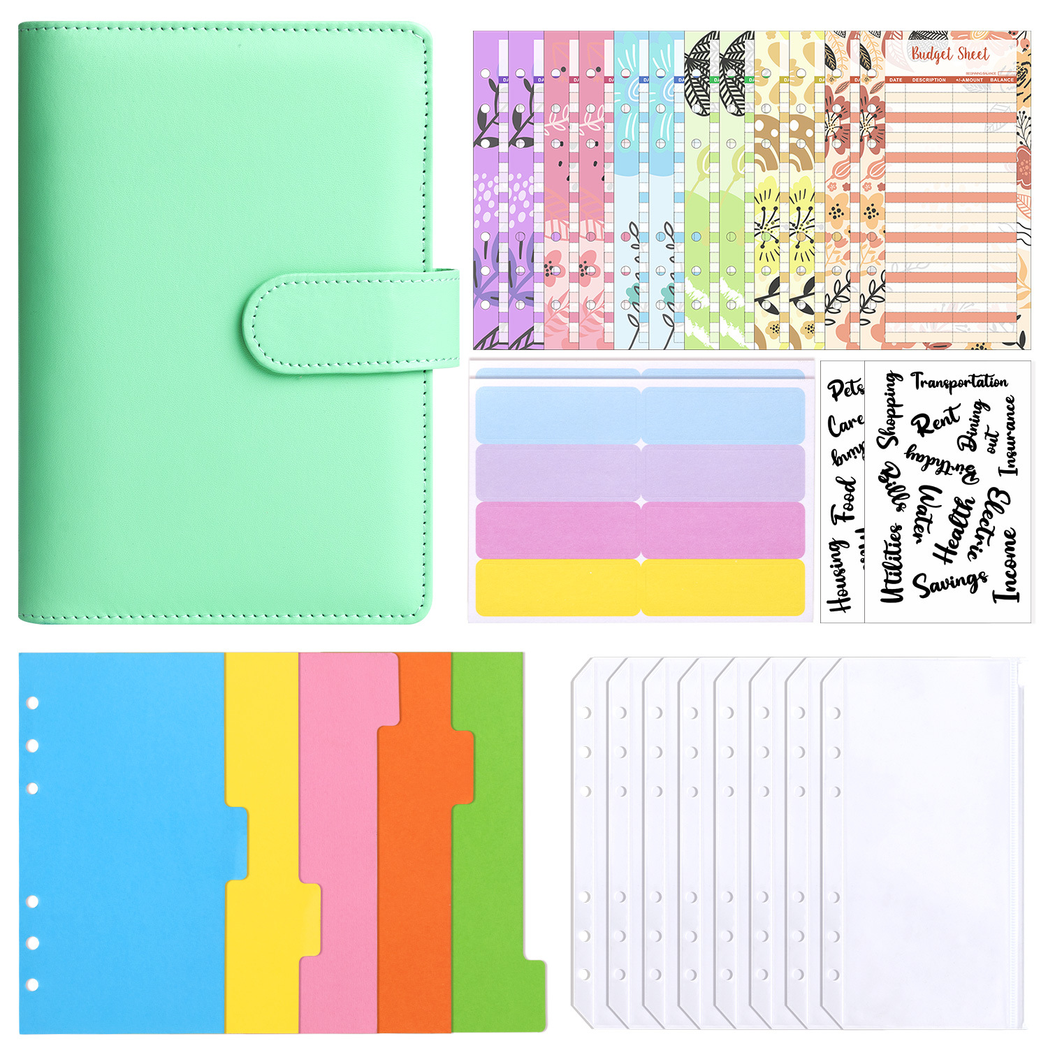 Presupuesto transfronterizo Cash Clip de hojas sueltas Bolsa con cremallera Sobres Libro de cuentas A6 Macarons PU Cuaderno de hojas sueltas de cuero