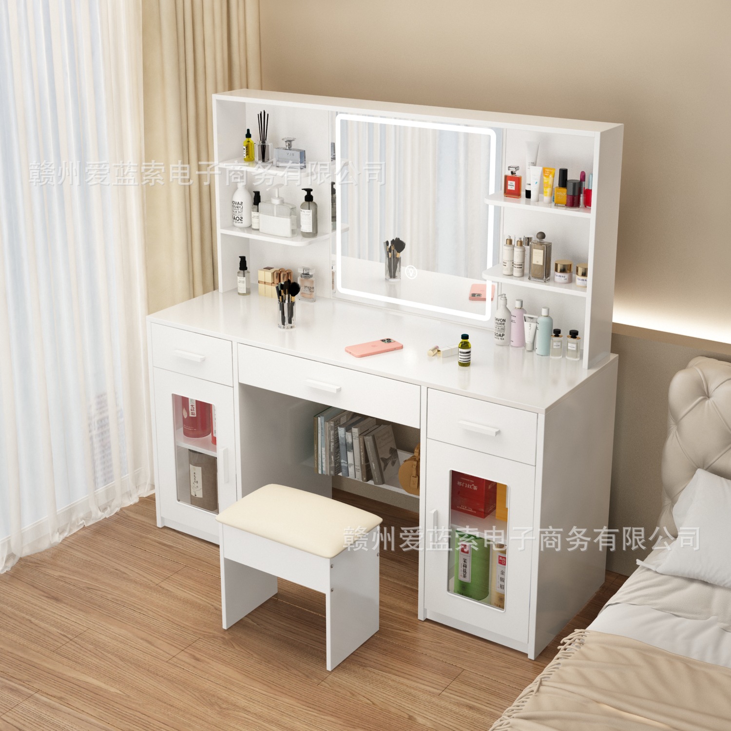 货源amazon亚马逊欧美板式梳妆台家具工厂定制化妆台带灯化妆桌