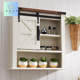 Foreign Trade Panel-Style Country-Style Wall-Mounted Bathroom Cabinet with Sliding Barn Doors and Open Shelves Bathroom Storage Cabinet
