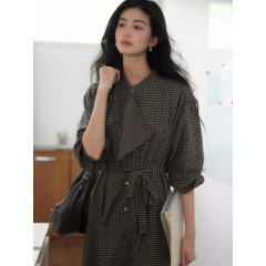 复古格子设计感连衣裙女亚麻棉风衣式慵懒风长裙子