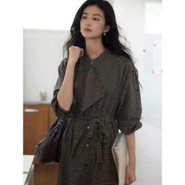 复古格子设计感连衣裙女亚麻棉风衣式慵懒风长裙子