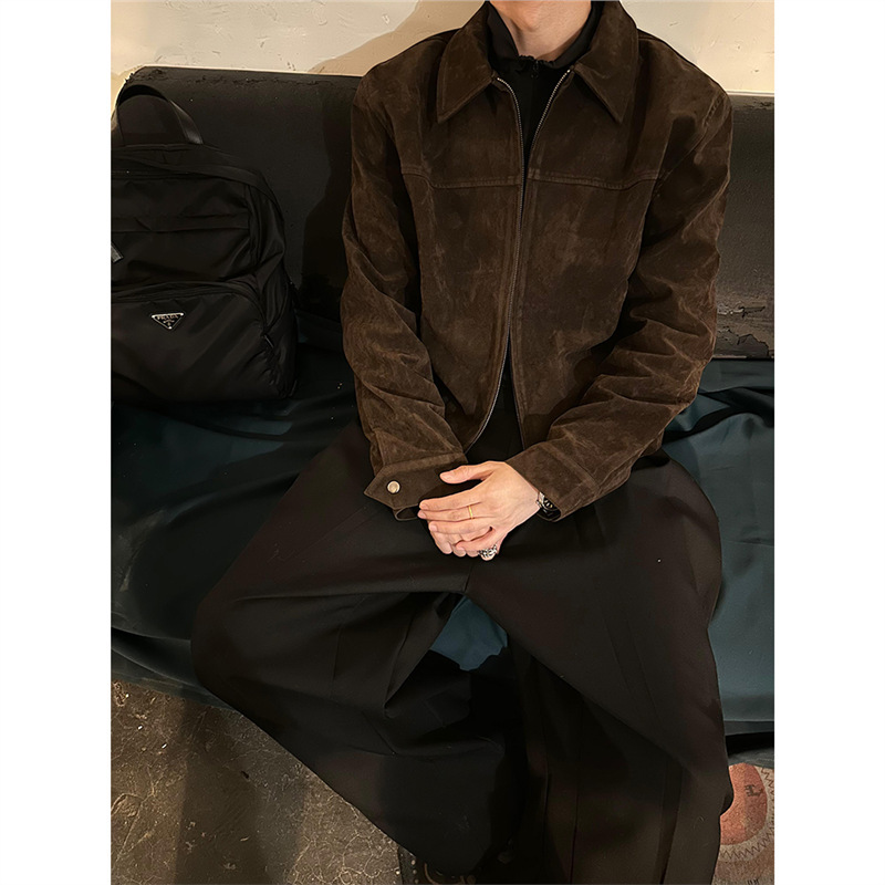 深棕色美式复古短款外套男款春季高级感痞帅cleanfit正肩翻领夹克|undefined