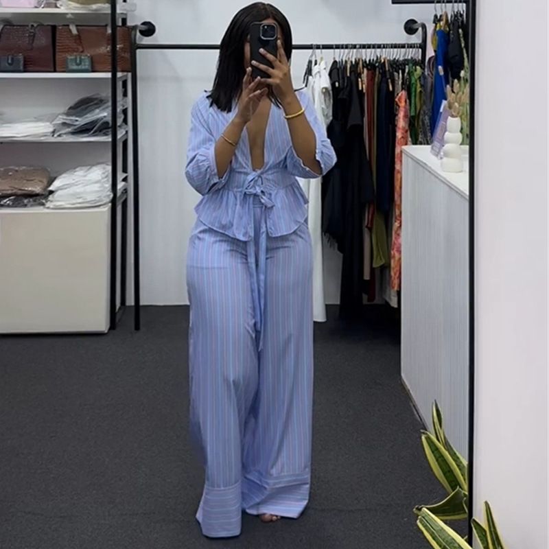 Women's Clothing Women's Sweet V Neck Striped Shirt And Wide Leg Trousers Casual Set Style Spring For Formal & Casual For Women_ecoleips.com