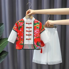 漢服女童大花中國風洋氣超仙春秋季兩件套男童唐裝周歲禮服演出服