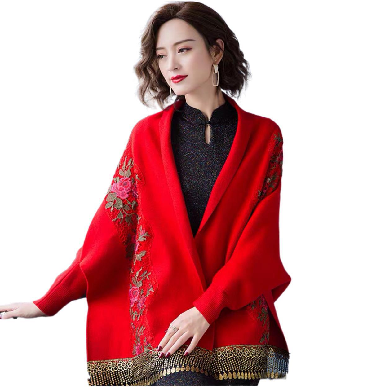 Pelerină tricotată cu ciucuri brodate, pelerină cu mânecă de liliac, pulover îngroșat, palton cardigan_voghion.com