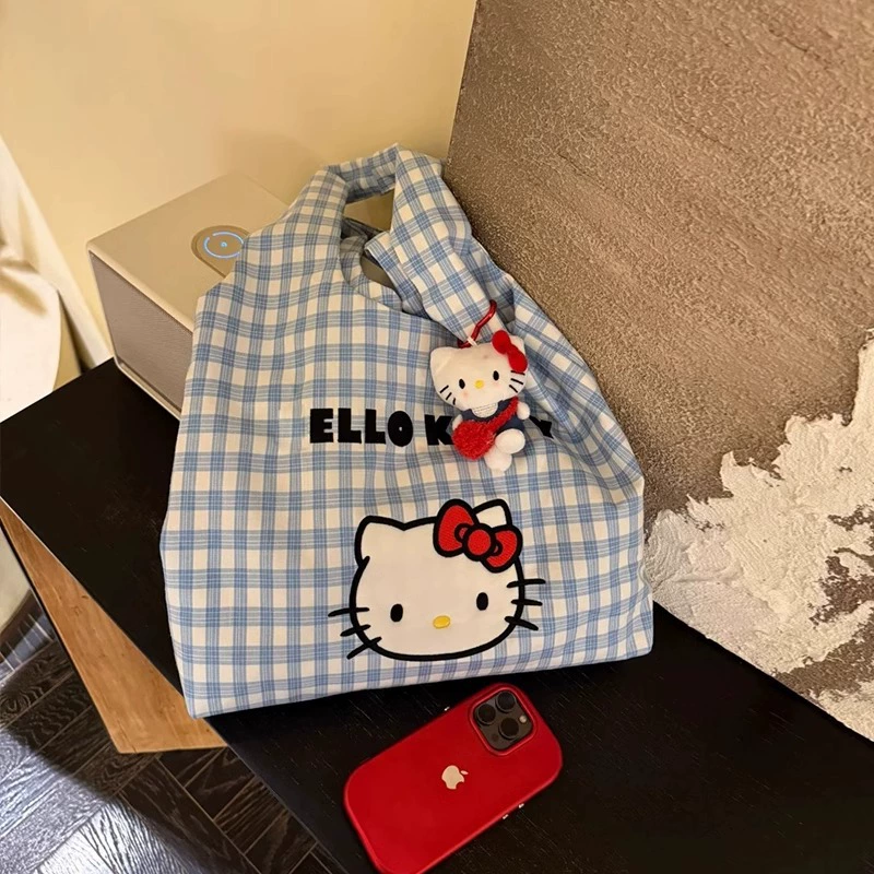 Льняная сумка‑тоут через плечо в клетку, принт Hello Kitty, вместительная летняя сумка, лёгкая