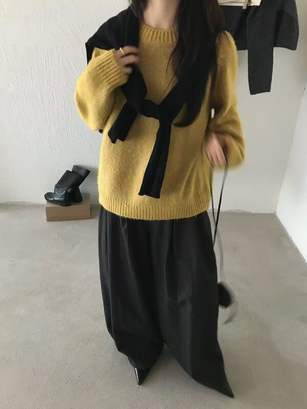 2025秋冬韩版温柔风后背蕾丝贴布纯色套头毛衣女宽松软糯时尚上衣|undefined
