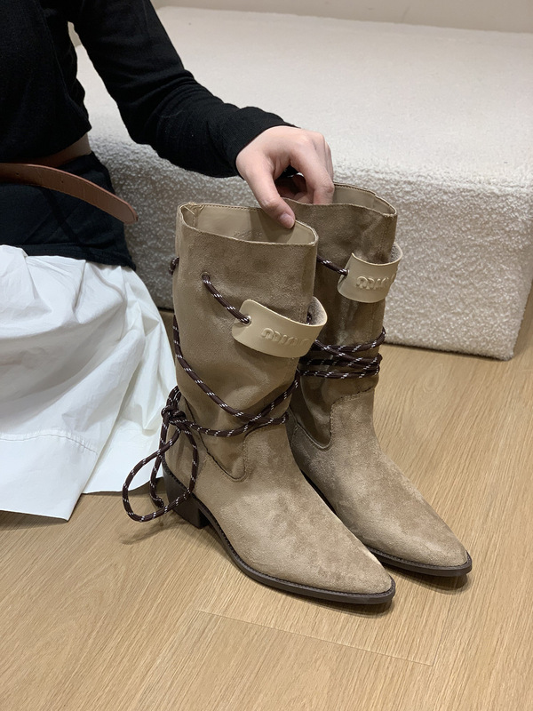 复古粗跟棕色绒面中筒堆堆靴女2025年新款瘦瘦靴春秋单靴西部短靴|undefined