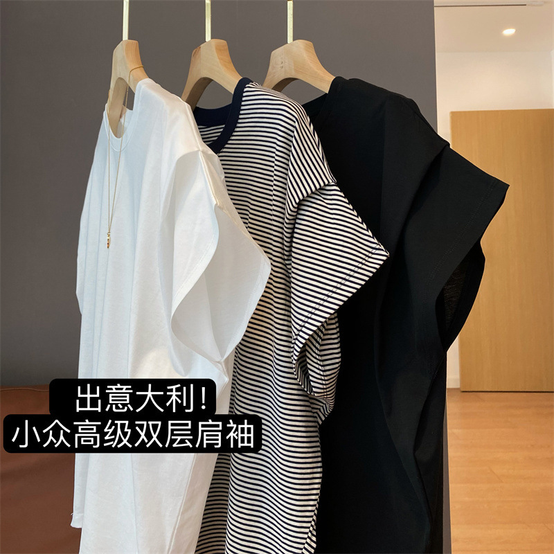 With its own aura niche design double-layer wrinkled sleeve modified shoulder comfortable breathable not stuffy round neck Short Sleeve T women