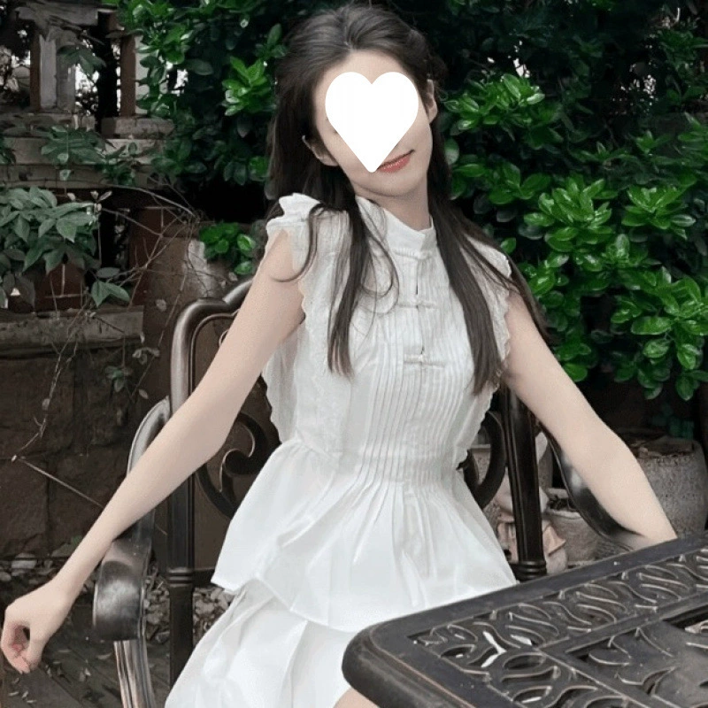 Корейская милая летняя блузка для женщин с летящими рукавами, кружевными вставками, складками и воротником на пуговицах в китайском стиле.