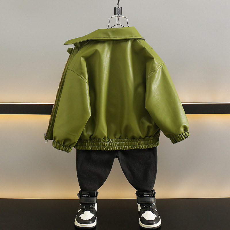 소년의 봄과 가을 PU 가죽 코트 2024 새로운  가을 옷 이피 잘 생긴 어린이 거리 재킷 탑