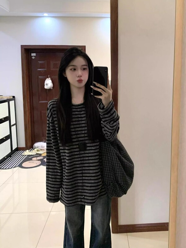 韩系撞色条纹长袖圆领t恤女早秋季新款松弛感慵懒风休闲宽松上衣|undefined