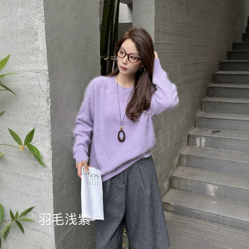 Puyuan 5% Cashmere 5% Mulberry Silk 90% Wool Brushed Women's Round Neck Sweater, Sample Available, No Return Policy Within Seven Days