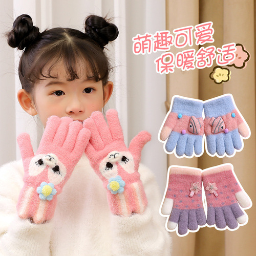 Children's Five-Finger Mittens Winter for Both Boys and Girls, Separated Finger Warm Mittens for Older Children, Cartoon Plush Thick Anti-Frost Mittens