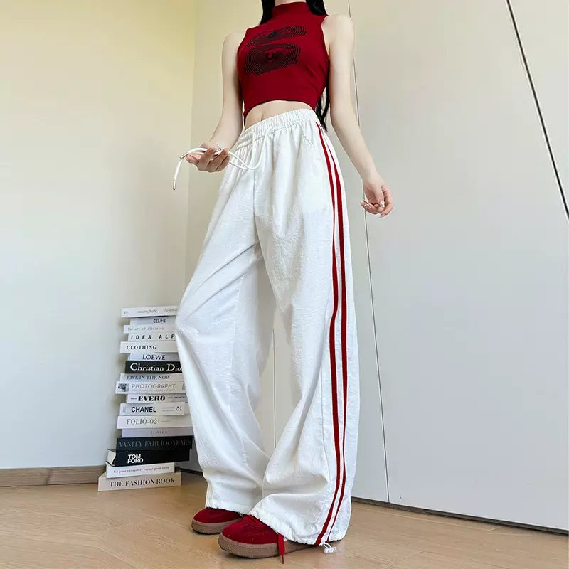 美式条纹运动裤女装2025新款春夏宽松直筒卫裤拖地显瘦窄版阔腿裤