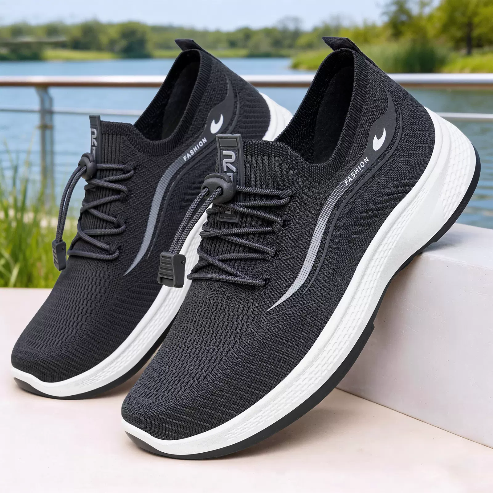 男鞋春季轻便老人鞋中老年健步鞋透气飞织鞋纯色爸爸鞋单鞋休闲鞋