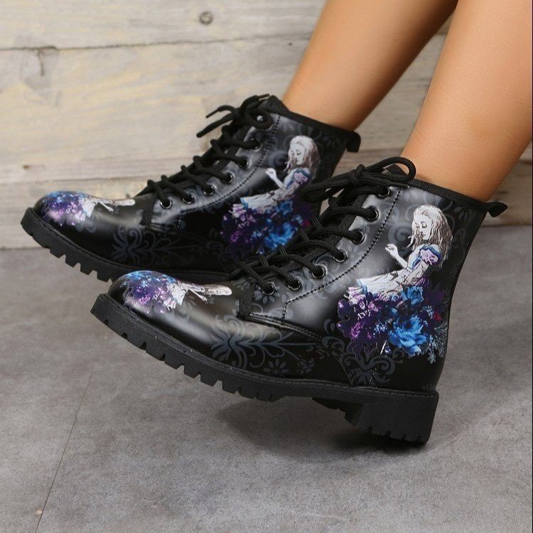 Cross-Border Large Size 2025 Autumn and Winter Women's Boots Gothic Printed British Lace-Up Fashion Thick Heel Short Boots