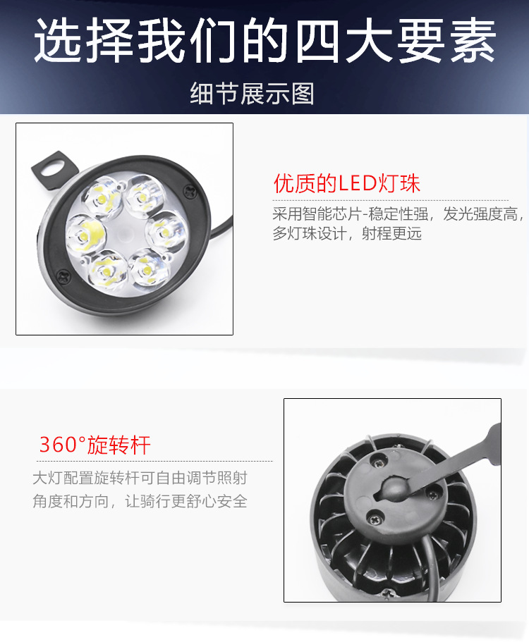 Wholesale Led Electric Vehicle Spotlight Motorcycle Mirror Headlight 6 Beads 6W Rearview Mirror Additional Car Light Headlight