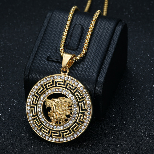 European and American cross-border new hip-hop lion jewelry stainless steel gold-plated full diamond lion lifting necklace