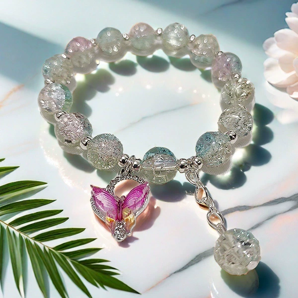 AF14 pink and green glass colorful butterfly bracelet