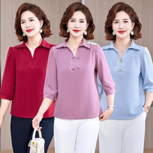 新款妈妈夏装七分袖翻领T恤洋气中老年女装宽松气质显瘦纯色上衣