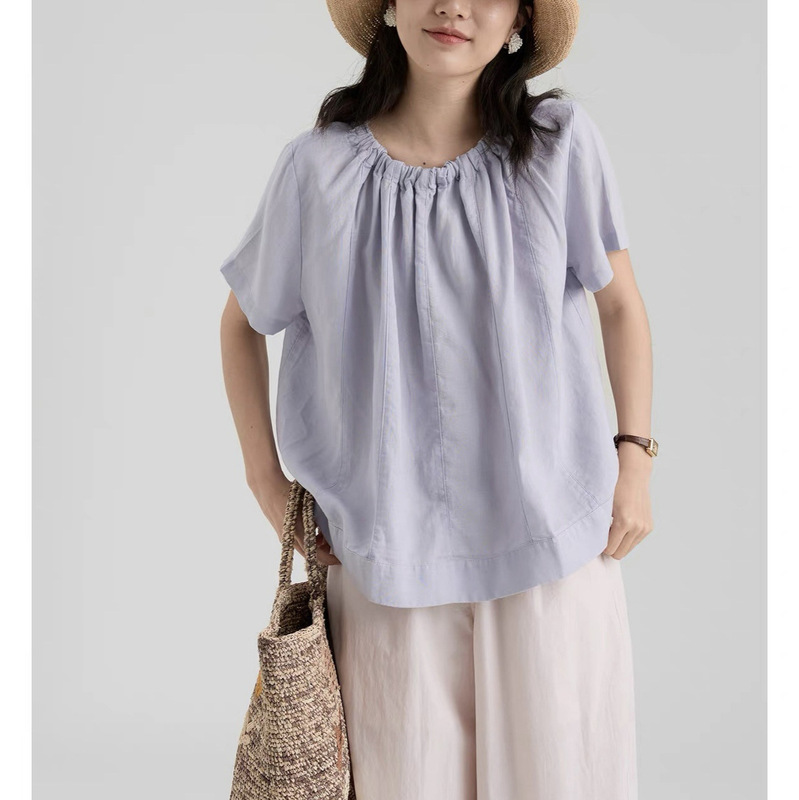Summer New Style Lyocell Tencel Linen Round Neck Pleated Short-Sleeved Shirt