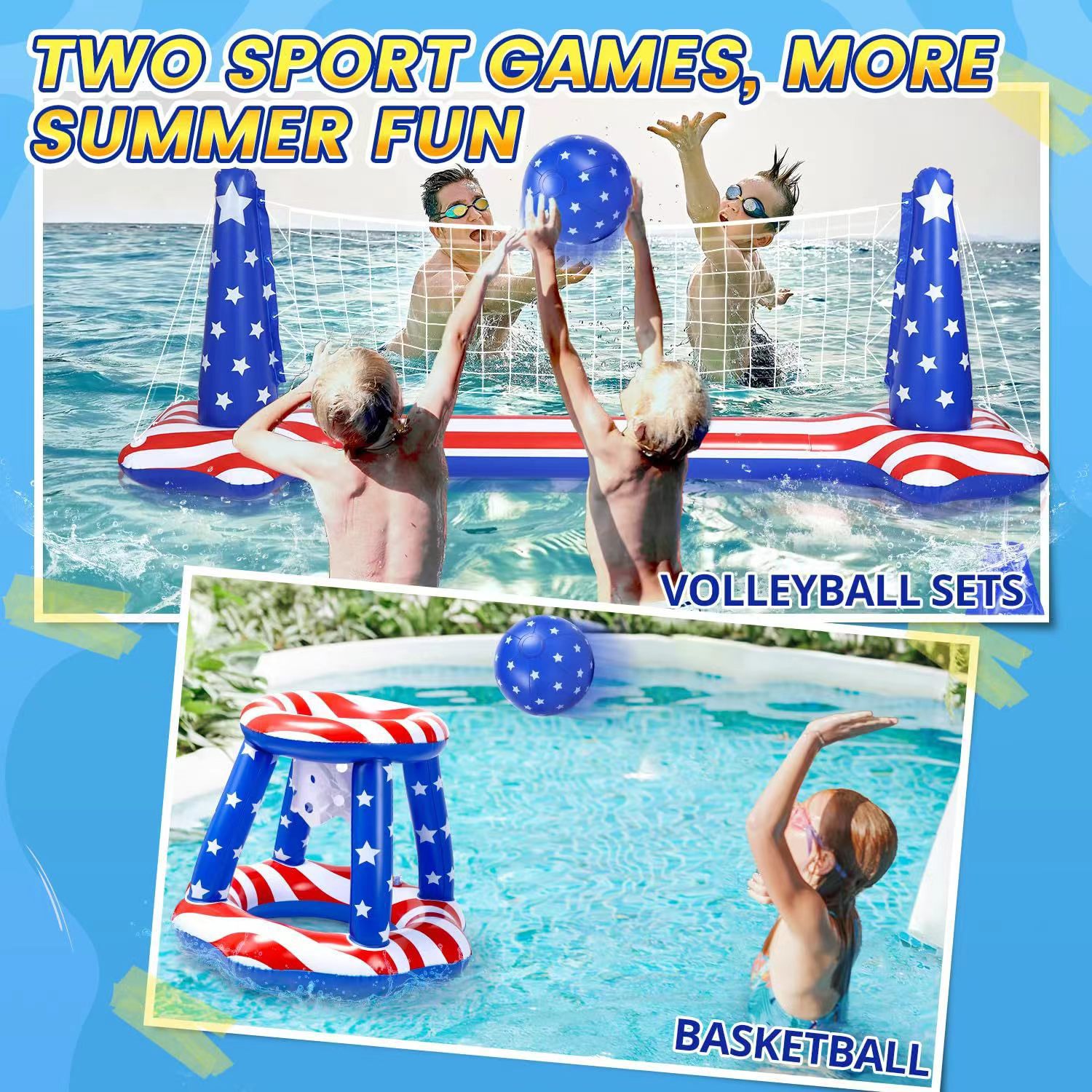 Nuevo estante de voleibol infláble de bandera americana transfronteriza, estante de baloncesto, piscina, fiesta, juguetes de entretenimiento, círculo de natación