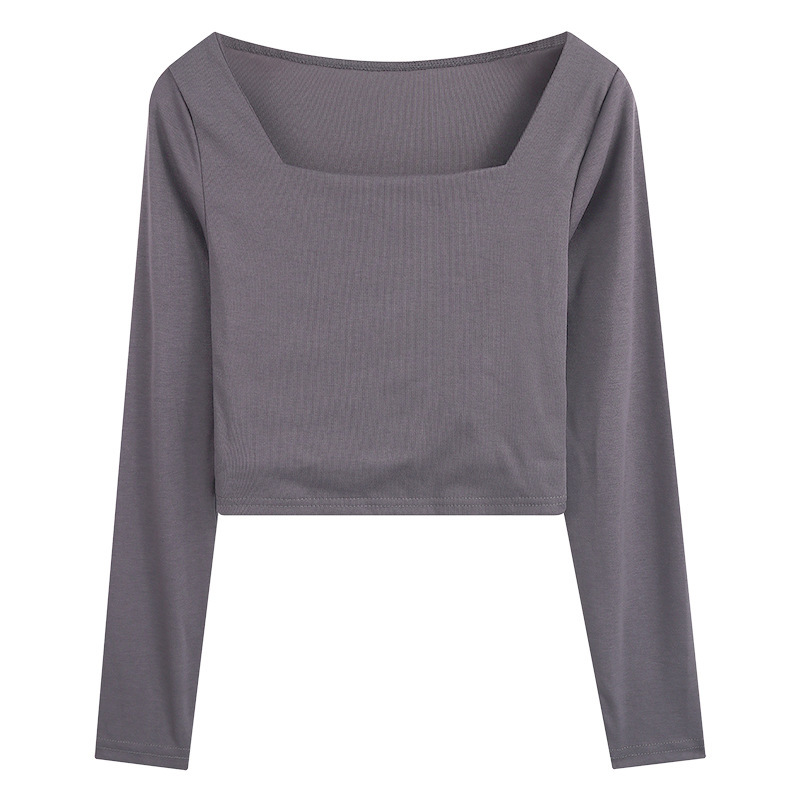 Principios de otoño diseño de manga larga Camiseta cuello cuadrado de las mujeres slim fit adelgazar clavícula cuello bajo ombligo corto camisa de fondo superior