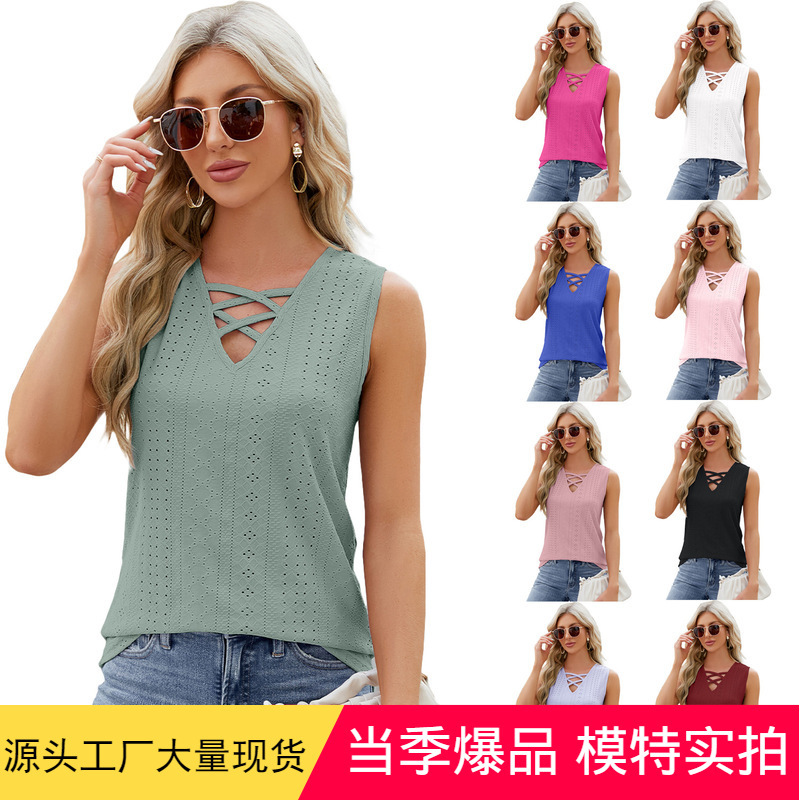 European and American Tops 2024 Spring and Summer New Cross-Border Export Women's Clothing Amazon Pure Color Jacquard V Neck Strappy Vest