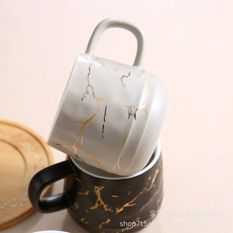 创意欧式陶瓷杯大理石纹色釉喝水杯马克杯竹托盘咖啡杯礼物伴手礼详情9