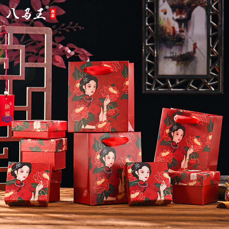 原创古风纸制大红色女士项链口红礼品包装盒国色天香手串首饰盒子