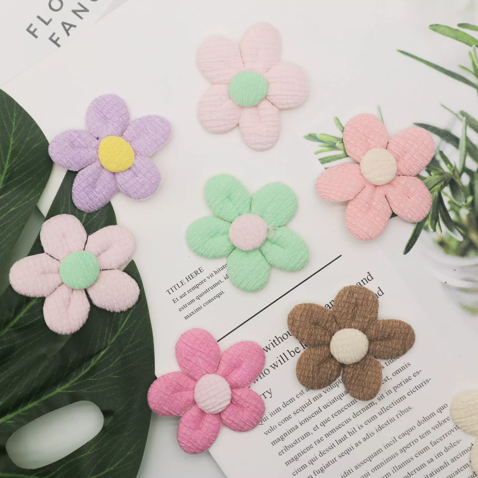 韩系布艺七彩扣花朵儿童头饰配件diy服装包包材料包辅料发饰