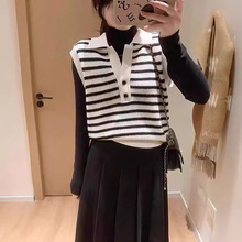 气质条纹翻领针织时尚马甲女叠穿马夹无袖背心秋冬女士韩版小坎肩