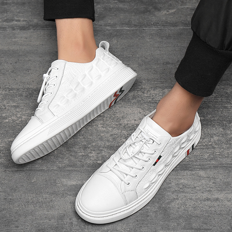 Herren Freizeitschuhe Aus Echtleder In Weiß Mit Krokodilprägung_voghion.com