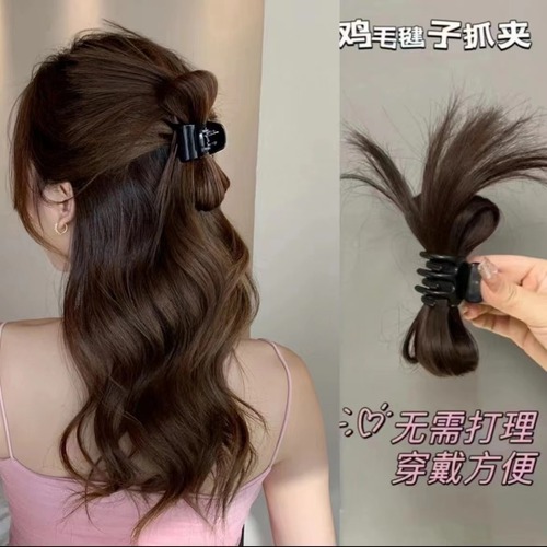 Chicken feather shuttlecock head wig, chickpea head, spicy girl, simulation hair round head, crystal butterfly knot wig, claw clip, high ponytail